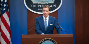 Pentagon Press Secretary John F. Kirby speaks at a press briefing on the Afghanistan withdrawal at the Pentagon, Washington, D.C., Aug. 16, 2021. (DOD Photo by Navy Petty Officer 1st Class Carlos M. Vazquez II)