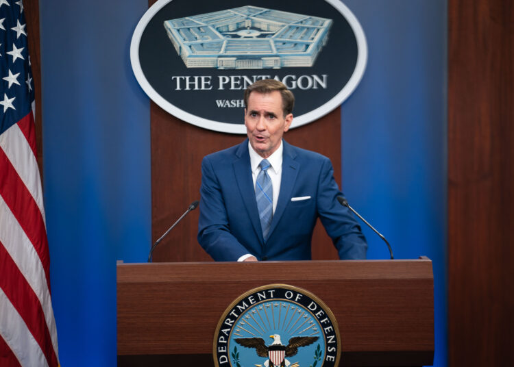 Pentagon Press Secretary John F. Kirby speaks at a press briefing on the Afghanistan withdrawal at the Pentagon, Washington, D.C., Aug. 16, 2021. (DOD Photo by Navy Petty Officer 1st Class Carlos M. Vazquez II)